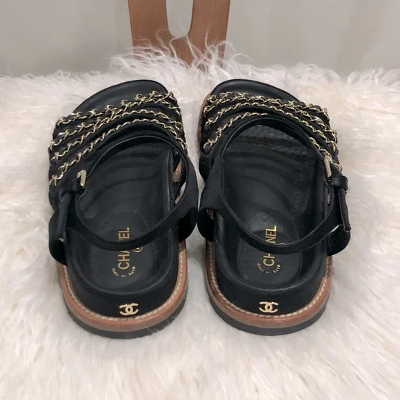 💥 CHANEL Leather Chain Gladiator Dad Sandals Sz 37 - Picture 5 of 10